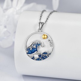 JERWLI Wave Necklace Sterling Silver Ocean Wave Sun Pendant Necklace Ocean Beach Jewellery for Women Gifts, Sterling Silver