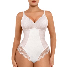 FeelinGirl Lace Bodysuit for Women Tummy Control Shapewear Sleeveless Tops V-Neck Backless Camisole Jumpsuit Shaper White Plus Size
