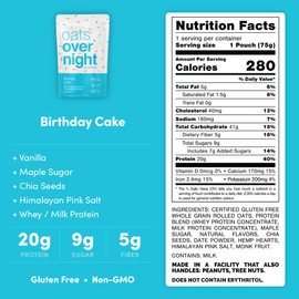 Oats Overnight - Birthday Cake - 20g Protein Breakfast Shake - Gluten Free, 5g Fiber, Non GMO Oatmeal (2.7 oz per meal) (8 Pack + BlenderBottle)
