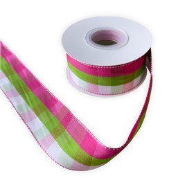 KLTRIBBON Spring Wired Plaid Ribbon with Pink Green White Gingham, 1 1/2 Inch X 10 Meters