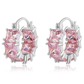 Square Austrian Crystal Hoop Earrings for Women 14K Gold Plated Lightweight Chunky Silver Huggie Hoop Earrings Jewelry (Pink Crystal/Silver-Tone)
