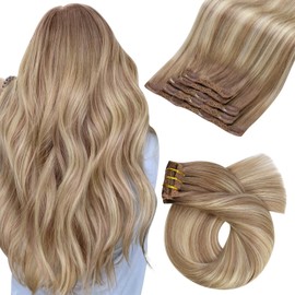 Moresoo Human Hair Clip in Extensions Ombre Brown and Blonde Clip in Extensions for Women Balayage Light Brown to Medium Blonde with Light Brown Clip ins Real Human Hair Extension 16 Inch 80g/5pcs