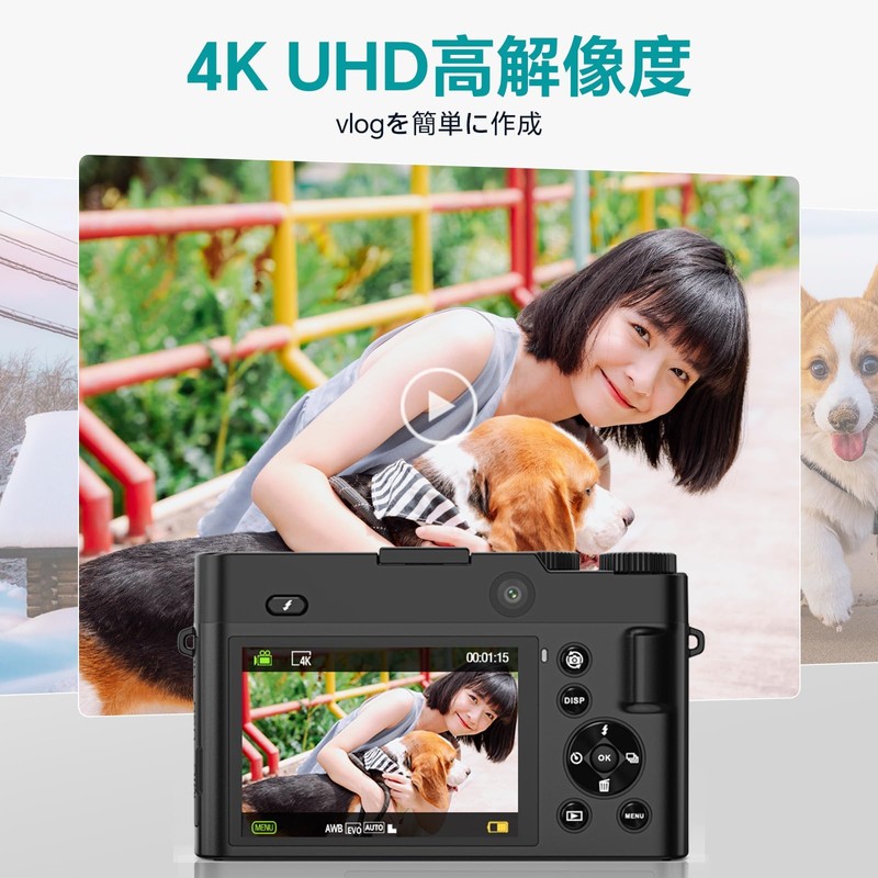 4K デジカメ デジタルカメラ 6400万画素 4K解像度 オートフォーカス マクロ撮影 16倍デジタルズーム 3インチ大画面 予備電池