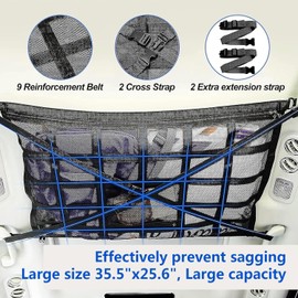 Upgrade Car Ceiling Cargo Net Pocket 35.5"x25.6" with Two Load-Bearing Buckle Straps, Adjustable Cross Strap Car Ceiling Storage Net, Mesh Car Roof Organizer, Truck SUV Road Trip Camping Accessories