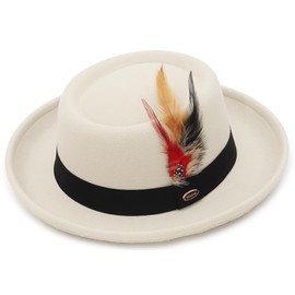 GEMVIE Pork Pie Hats for Men Womens Roll Brim Felt Fedora Pork Pie Hat with Feather Prokpie Hats for Unisex Beige