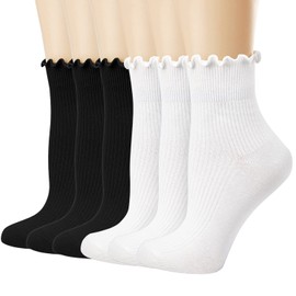 Mcool Mary - Calcetines casuales con volantes para mujer, calcetines de punto transpirables de algodón suave con volantes para mujer, paquete de 6, (3black+3white)-1, 5-9