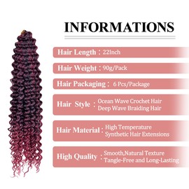 Curly Crochet Hair Ocean Wave Crochet Hair 22Inch Crochet Braiding Hair Synthetic Curly Hair Extensions for Women(22 Inch,6pack,#1B/TBug)