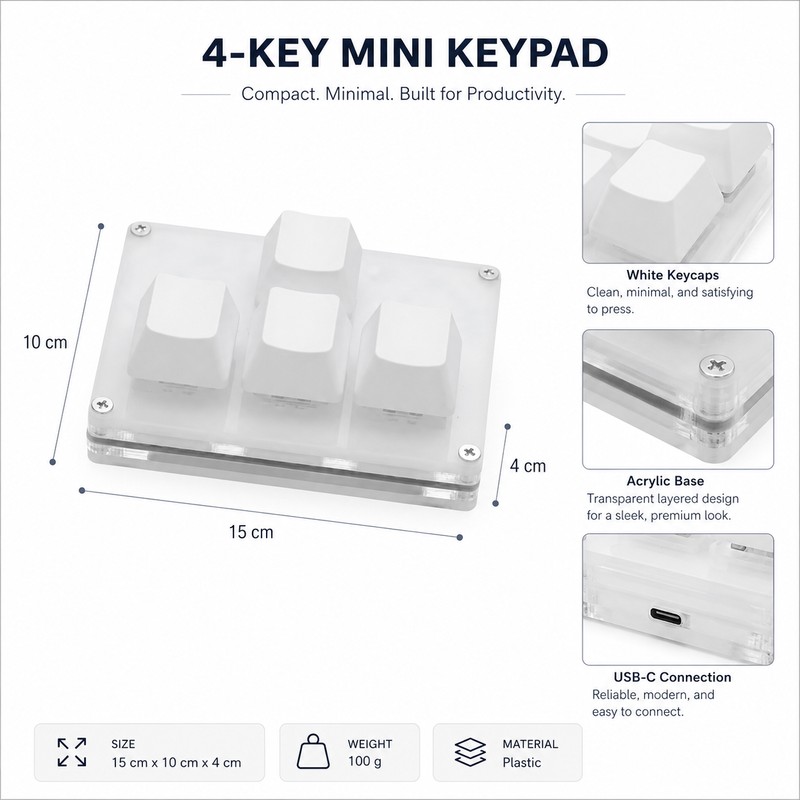 4-Key Mini USB Keypad for Desktop Shortcuts – Programmable Arrow