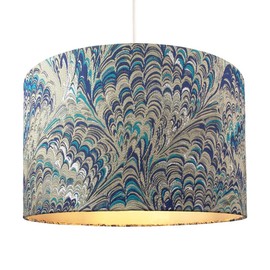 Contemporary and Vivid Peacock Print Table/Pendant Drum Lamp Shade in Teal, Grey, Blue and Silver Cotton - 35cm with Silver Satin Fabric Inner Lining | 60w Maximum by Happy Homewares