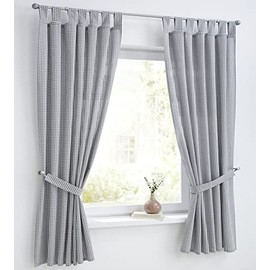 Cottage Curtain and Tieback White Grey Checked with Loops, Pure Cotton, Country House Curtain Kitchen Width 110 cm x Height 175 cm (Pack of 1)