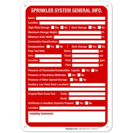 Sigo Signs, Sprinkler System General Info Sign, Fire Safety Sign, 10x7 Inches, Rust Free .040 Aluminum, Fade Resistant, Indoor/Outdoor Use, Made in USA