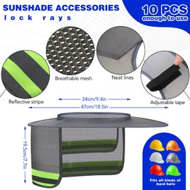 10 Pack Hard Hat Sun Shade Full Brim Neck Cover, Mesh High Visibility Sun Visor Neck Shade with Reflective Strip, Hard Hat Accessories for Construction Outdoor Gardening Summer Use(Grey)