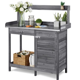 Topeakmart Garden Potting Bench Wooden Workstation Outdoor Wooden Potting Table W/Top Shelf & Lower Shelf & Cabinet Drawer & Open Shelf Gray