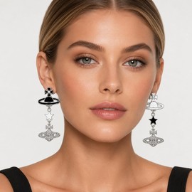 Cute Silver Plated Saturn Stud Earrings Planet Charms Cubic Zircon Dangle for Women Statement Jewelry Gifts (Black and White)
