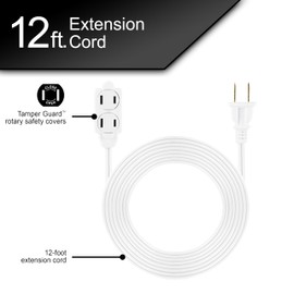 GE 3-Outlet Extension Cord with Multiple Outlets 12 Ft Extension Cord Power Strip 2 Prong 16 Gauge Twist-to-Close Safety Covers Indoor Cord UL Listed White 86235