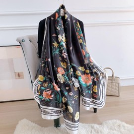 Aufeel Fashion Scarves 100% Satin Silk Scarf Long Lightweight Sunscreen Shawls Wraps for Women Hair Scarves (Black Floral 6)