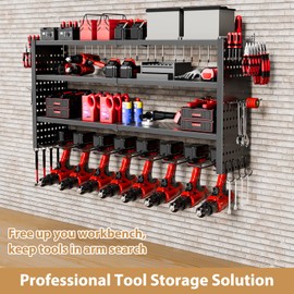 Power Tool Organizer Wall Mount, 4 Layer Heavy Duty Garage organizer Loads 280lbs, Tool Organizers with 8 Drill Hanger, Battery Tools Holder Garage Storage Organization for Workbench, Pegboard, Shed
