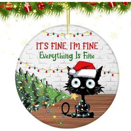 Funny Ornament for Christmas Tree, Office, Car, Home Decorations, 2024 Christmas Ornament, 2-Side Printed Ceramic Ornament Gifts, Black Cat Everything is Fine