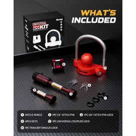 RETRUE Keyed Alike Trailer Lock Set Tow & Store Lock Kit Include Universal Coupler Lock & Dual Hitch Receiver Pin Lock & Trailer Tongue Lock, Red