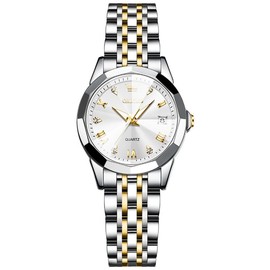 OLEVS Women Watch Fashion Dress Diamond Female Watches Waterproof Luminous Day 9931 - Color: Two Tone Strap - White Dial Silver Trim