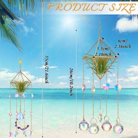 Yookeer 3 Pcs Hanging Air Plant Holder Rustic Style Air Plant Rack Hanger with Crystal Pendant and Chain Golden Geometric Metal Wall Window Display for Home Festival Wedding Decor, 3 Styles