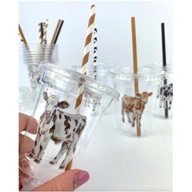 Farm Animal Party Cups with Lids and Straws, 12 oz Disposable Plastic Cups, Cow Design, Set of 12, USA Made