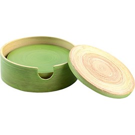 Randwyck Round Spun Bamboo Coasters in Holder, Green, 4-Piece