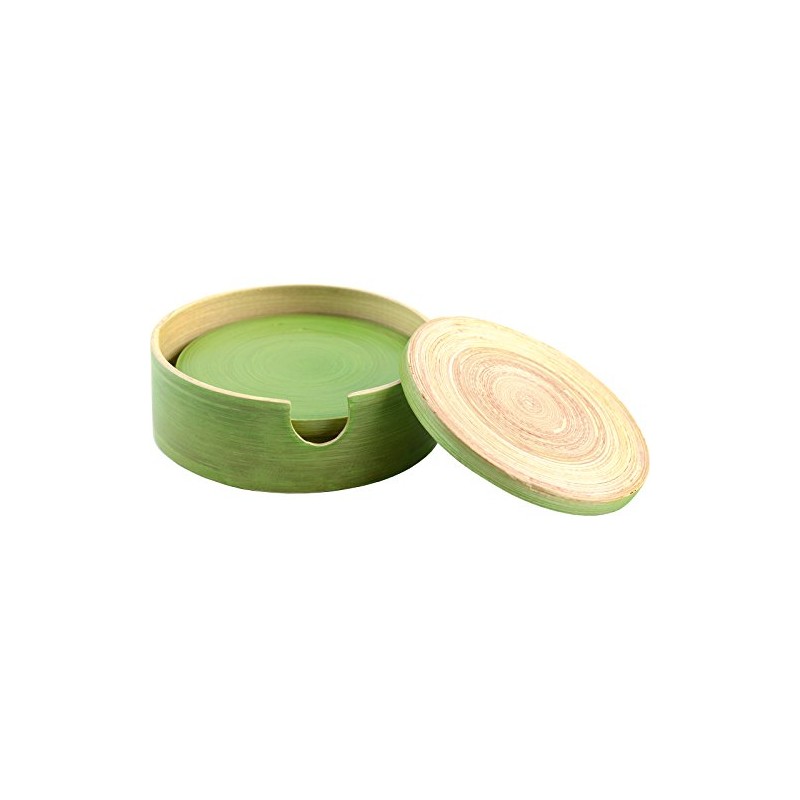 Randwyck Round Spun Bamboo Coasters in Holder, Green, 4-Piece