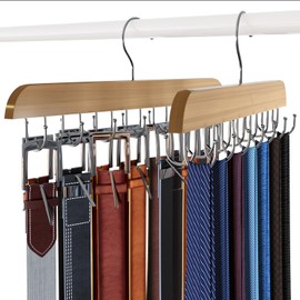 KERELEIME 2PCS Belt Hanger,Tie Hanger for Closet with 14 Hooks,Hanging Holder Storage Hook for Belt, Camisole, Necklace,Tie, Scarf, Purse (Wood)
