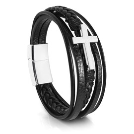 Hamoery Leather Cross Bracelet for Men Braided Stainless Steel Bracelets Gift for Him Dad Husband Brother Son Grandson