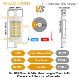 R7S LED Bulb Dimmable 78mm 150W T3 J Type Halogen Bulb Equivalent,120V 15W 1500 LM,Daylight White 5000K,3 inch Long Double Ended Light Bulb for Work,Security,Landscape Lights,Floor Lamps,Pack of 2