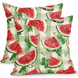 Summer Watermelon Pillow Covers 18x18 Inch Set of 2 Seasonal Red and Green Plaid Outdoor Decorative Throw Pillows Rustic Farmhouse Holiday Pillowcases for Bed Couch