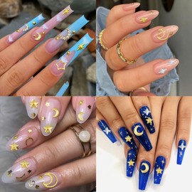 NICENEEDED 400 Pcs Gold Silver Star Nail Charms, 3D Alloy Moon Nail Rhinestones Shiny Nail Art Design, Metallic Star for Nails DIY Women Accessories