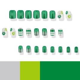 St.Patrick's Day Press On Nails Short Square Fake Nails with Glitter Clover Design Acrylic Nails Full Cover Glitter Green Stripe Glossy Glue on Nails Holiday False Nails Stick on Nails for Women 24PCS