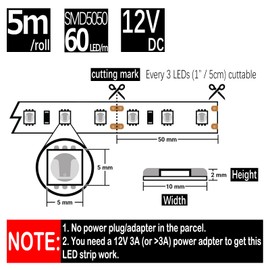 HAUTY Waterproof Green LED Strip Light, 16ft/5m SMD5050 300 LEDs DC12V Flexible Cuttable LED Tape (No 12V Power Plug/Adapter)