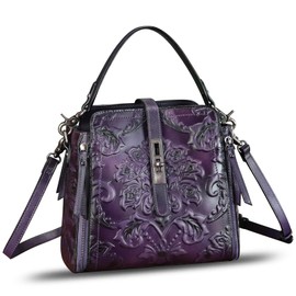 Genuine Leather Purses and Handbags for Women Retro Embossed Crossbody Shoulder Bag Satchel Pouch (Purple)