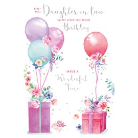 Daughter-in-Law Birthday Card - Pink Lilac Green Balloons Boxes & Flowers 9x6