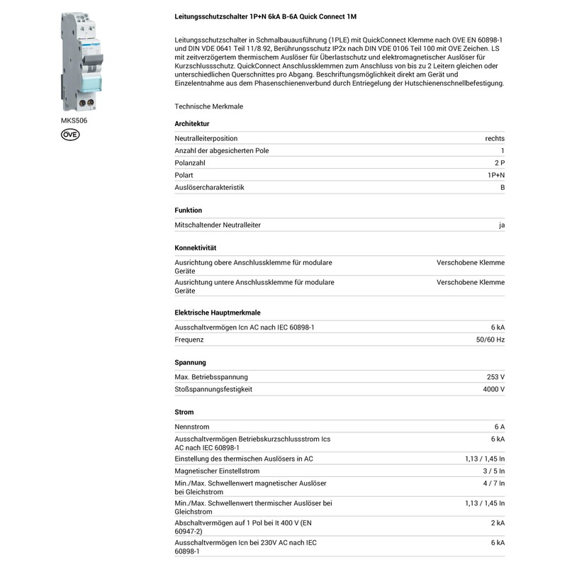 Hager MKS506 Circuit Breaker 6A 1P+N 1-Pin + N 6kA