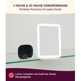 Fantasia Beauty Schminkspiegel mit Beleuchtung – Reiseklappspiegel mit 10-Fach Vergrößerung & LED-Licht – Langlebiger Akku & 3 Lichtmodi – ideal für unterwegs – Kosmetikspiegel für präzises Make-up