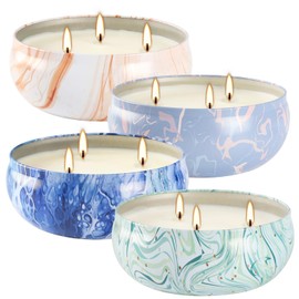 Set of 4 Triple Wick Marble-Style Citronella Scented Candles - Perfect Decoration for Home & Spa