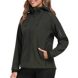 MoFiz Women's Fleece Lined Softshell Jacket Hooded Windproof Lightweight Insulated Jacket Full Zip Warm Coat Army Green L