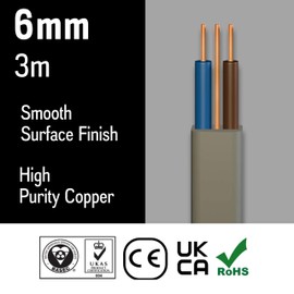 Primes DIY Electric Socket wire cable 6mm Twin and Earth Flat Grey PVC Lighting Electric Cable 6242Y electrical Wire BASEC Approved (3 Meter)