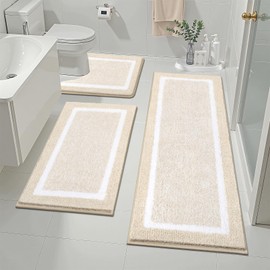 Pauwer Bathroom Rugs Sets 3 Piece Bathroom Shower Rugs with U-Shaped Contour Toilet Mat Absorbent Microfiber Plush Bath Mats Non Slip Bath Rugs Machine Washable Shaggy Bath Floor Mats, Light Beige