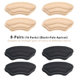 8-Pairs Heel Grips Liner Cushions Inserts for Loose Shoes, Heel Pads Snugs for Shoe Too Big Men Women, Filler Improved Shoe Fit and Comfort (16 Packs) (Black+Pale Apricot)