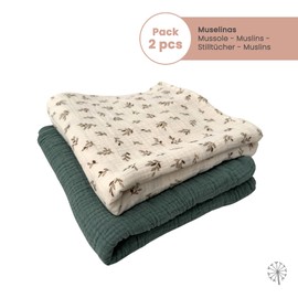 MIMUSELINA Pack of 2 Baby Muslins, 1 x 1 m Squares - Cotton Nursing Cloth with Soft, Absorbent, Breathable and Versatile Fabric - Ideal for Newborns (Ecru/Mint)
