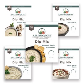 A Blend Above Garlic Lovers 5 Pack, Roasted Garlic Parmesan, Garlic Bacon Ranch, Asiago Roasted Garlic, Spicy Garlic, Roasted Garlic Butter, Gluten-Free, No MSG, All Natural, No Preservatives, Vegetable Dip, Keto Friendly, Low Carb, Low Sodium, Easy to Make