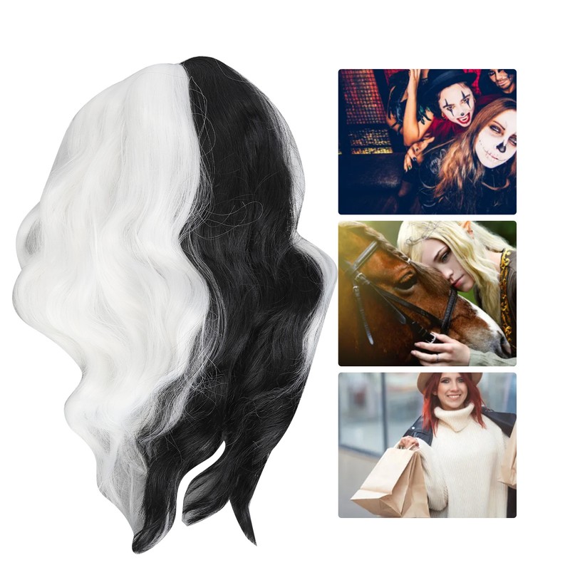 Black and White Short Wavy Wig Women Cosplay Party Shoulder