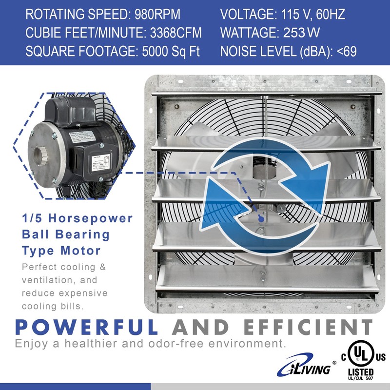 iLIVING 20" Wall Mounted Shutter Exhaust Fan, Automatic Shutter, with