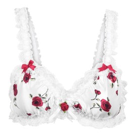 Satini Sissy Ruffle Lace Fitted Satin Bralette Bra, White - Red Roses