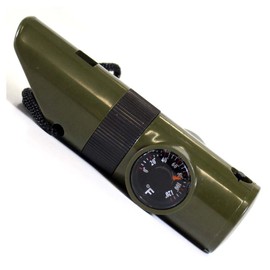 ADROIT 6 in 1 Emergency Whistle | 4" (10.2 cm) Length, 1" (2.5 cm) Diameter | Compass, Thermometer, Signal Light & More | Army Green | 36" (91.4 cm) Black Nylon Lanyard | Essential Safety Multi-Tool